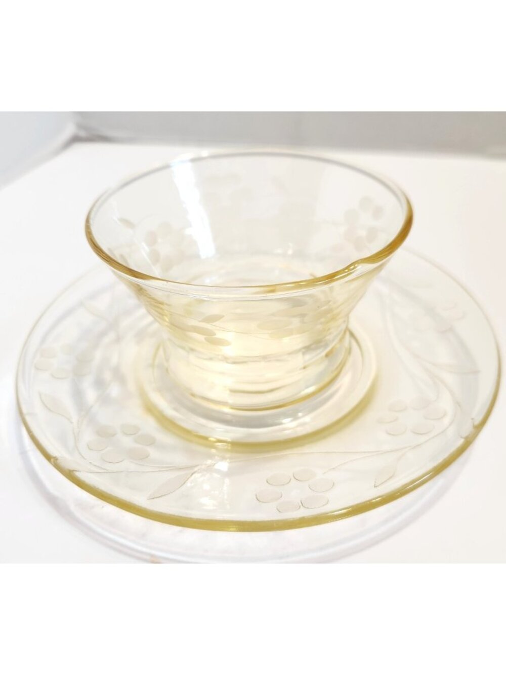 Yellow Depression Glass Lancaster Sherbet Cup w/ Saucer 6" Plate Flower 1930's